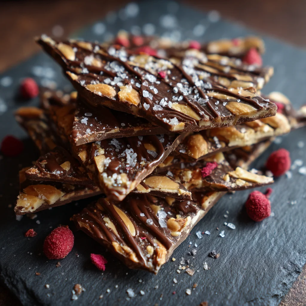 homemade protein bark with chocolate drizzle and crushed nuts on marble counter