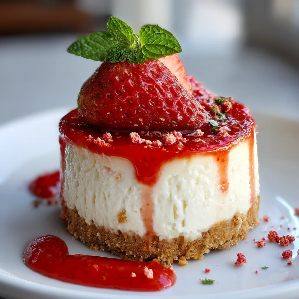 creamy strawberry protein cheesecake with fresh berry topping and graham cracker crust
