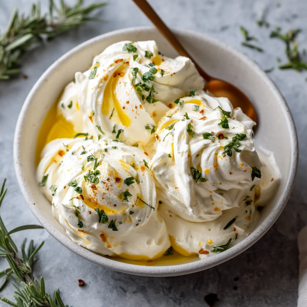 creamy whipped dips in white ceramic dish with golden edges and fresh herb garnish