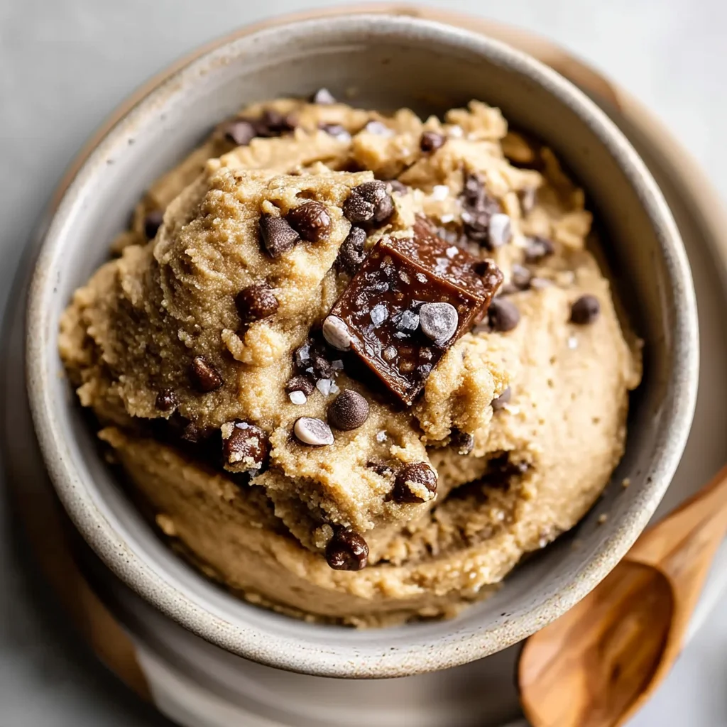 creamy edible protein cookie dough with chocolate chips in a white bowl, perfect for healthy snacking