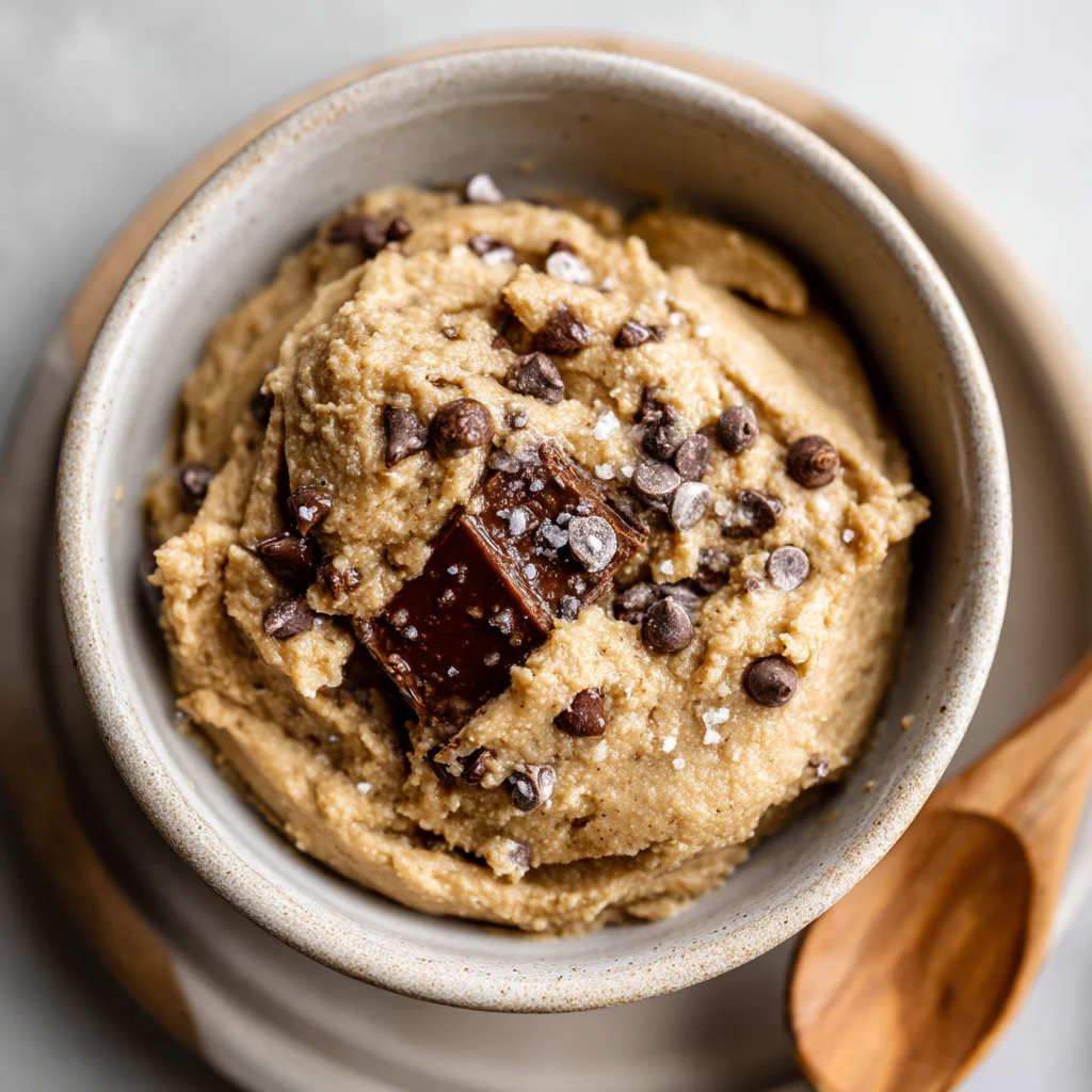 creamy edible protein cookie dough with chocolate chips in a white bowl, perfect for healthy snacking