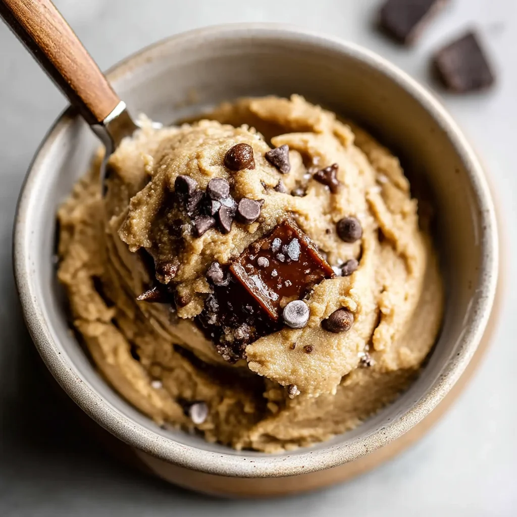 creamy edible protein cookie dough with chocolate chips in a white bowl, perfect for healthy snacking