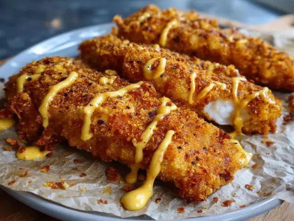 golden extra crispy tenders with crunchy coating and visible seasoning, served in white ceramic dish