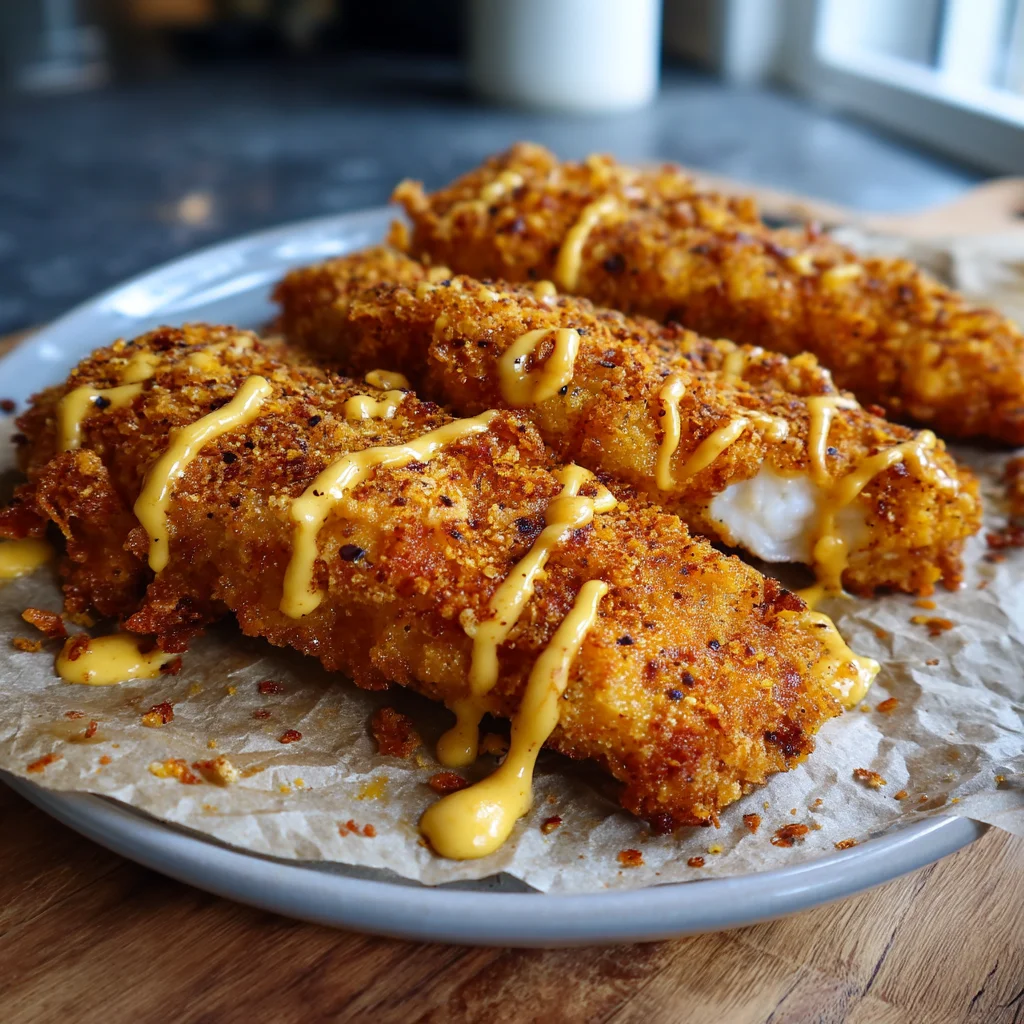 golden extra crispy tenders with crunchy coating and visible seasoning, served in white ceramic dish