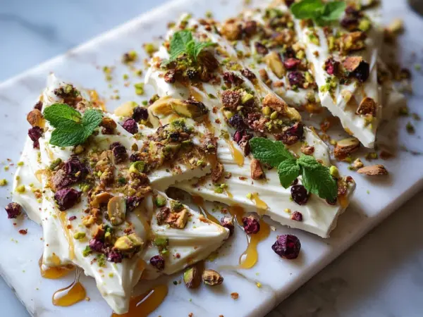 creamy frozen yogurt bark topped with fresh berries and granola, perfect for a healthy snack