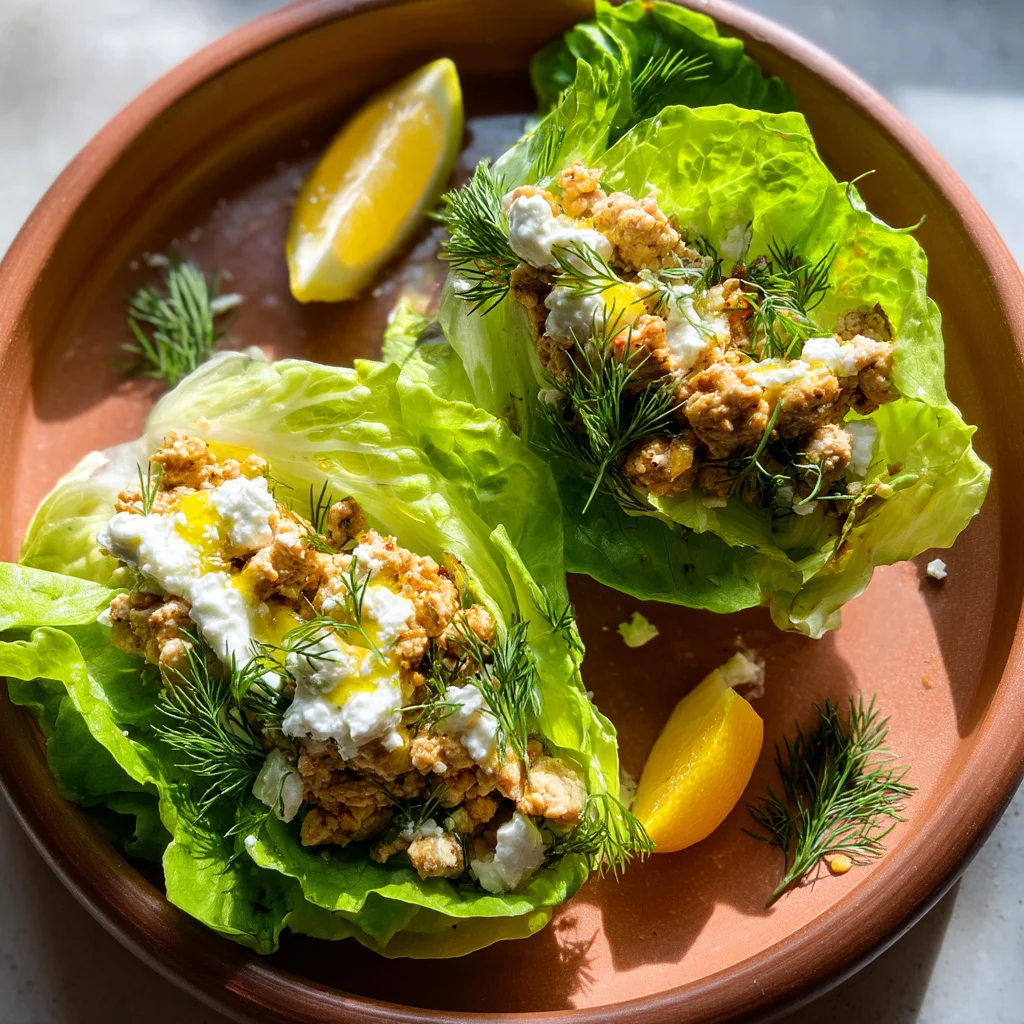 Greek turkey lettuce wraps with creamy tzatziki sauce, fresh herbs, and vibrant vegetables on a white plate