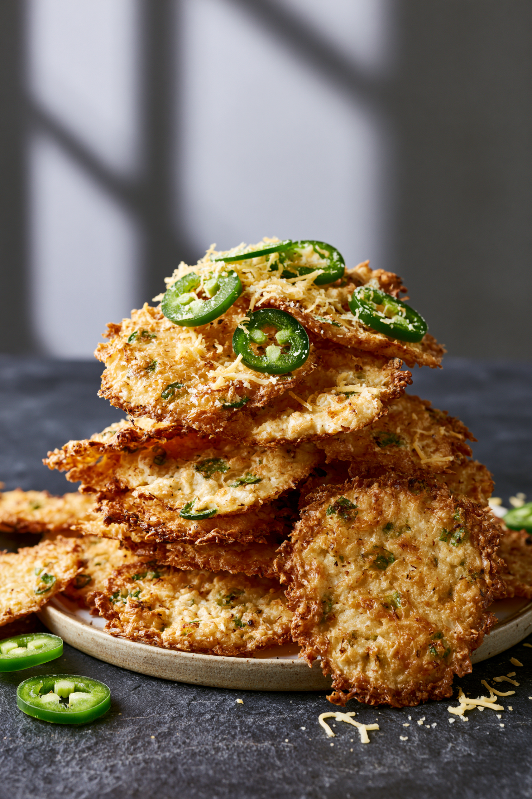 Crispy jalapeño cheddar cottage cheese chips topped with fresh jalapeño slices, a high protein snack