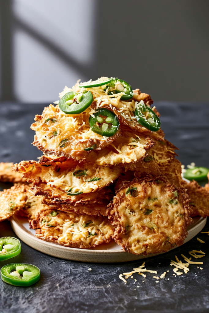 A small bowl of crispy jalapeño cheddar cottage cheese chips garnished with fresh jalapeño slices