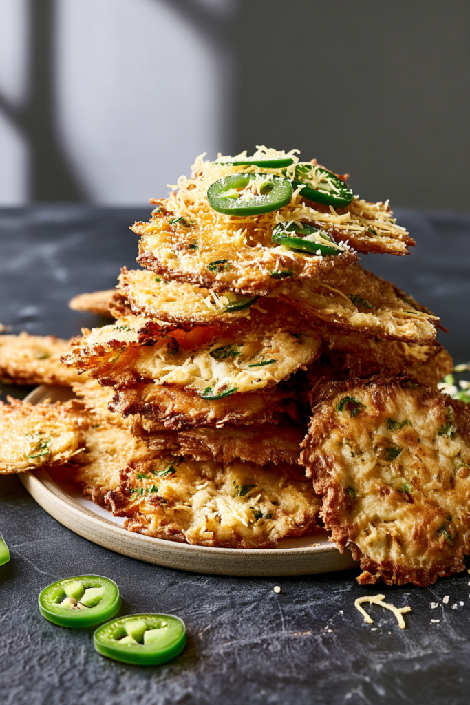 Close-up of the crisp, golden texture of jalapeño cheddar cottage cheese chips with baked-in jalapeño