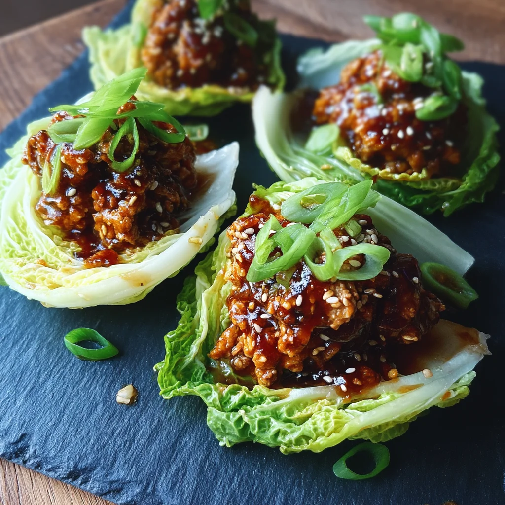 Korean BBQ ground turkey cabbage wraps with glossy sauce and fresh herbs in white ceramic dish