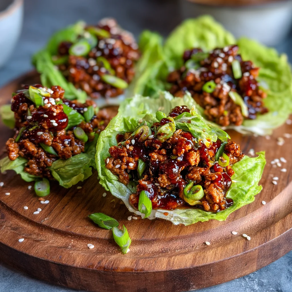 sizzling Korean turkey lettuce wraps with glossy sauce in fresh lettuce cups, topped with sesame seeds and green onions