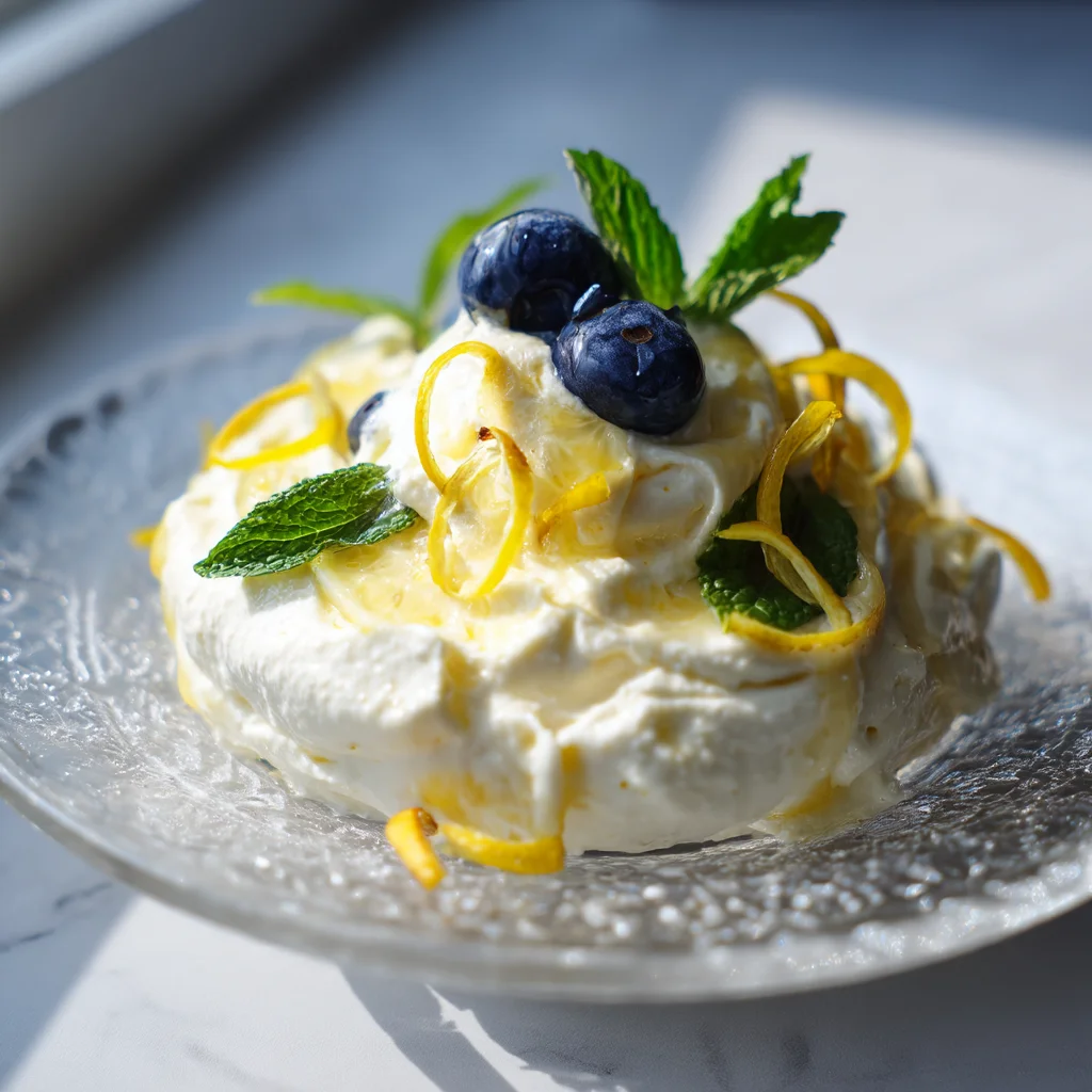 creamy lemon blueberry mousse in white ceramic dish with fresh blueberries and lemon zest garnish