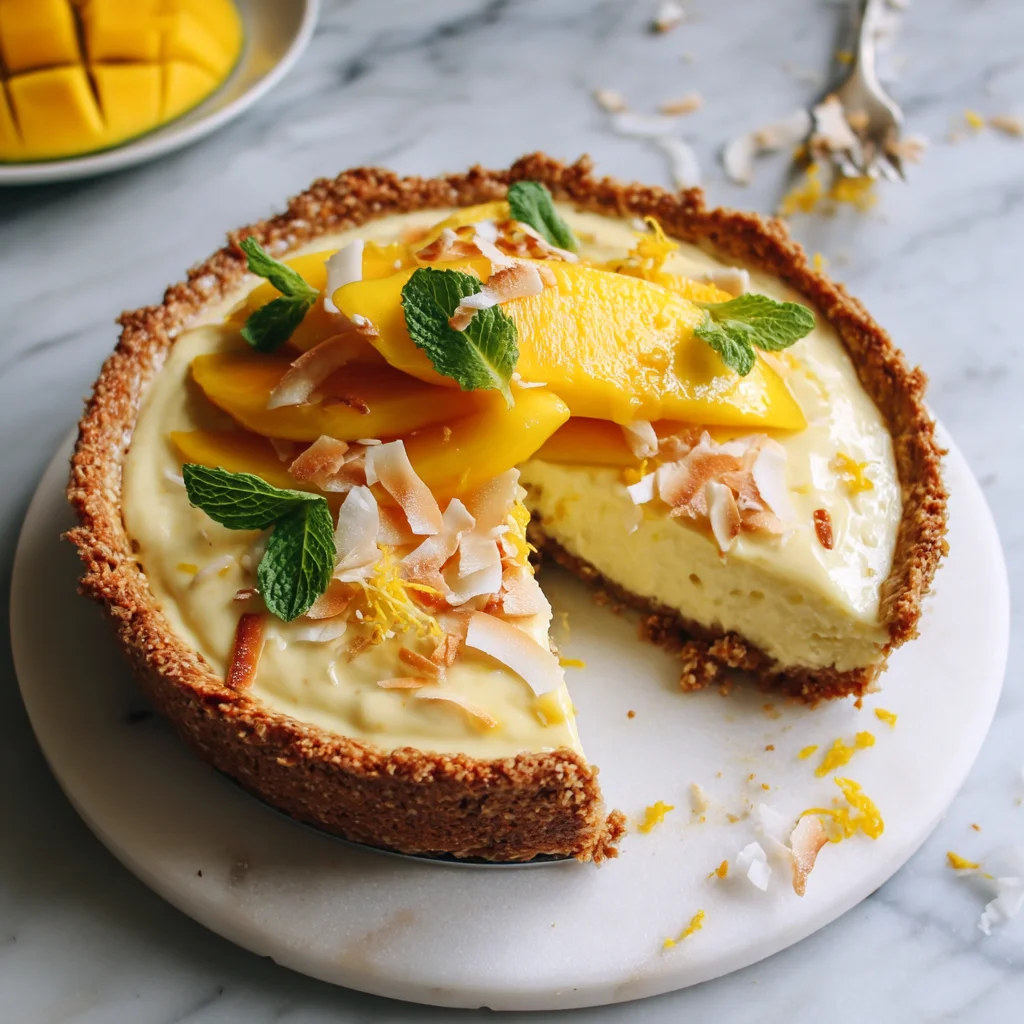 creamy mango protein cheesecake with golden crust and fresh mango slices on top