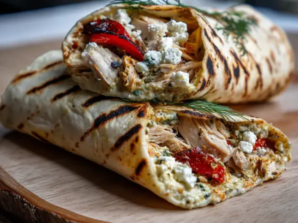 Mediterranean turkey wraps with creamy garlic sauce, fresh herbs, and roasted vegetables in a warm tortilla