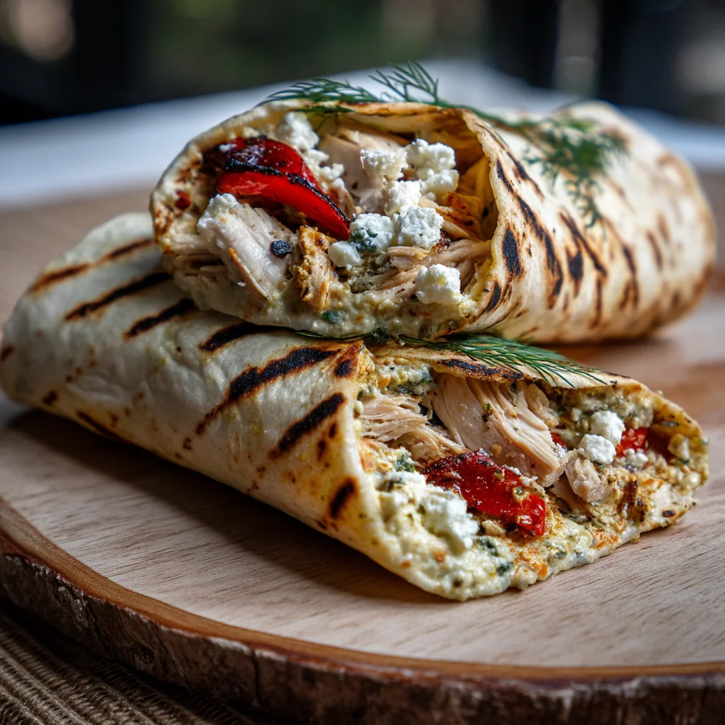 Mediterranean turkey wraps with creamy garlic sauce, fresh herbs, and roasted vegetables in a warm tortilla