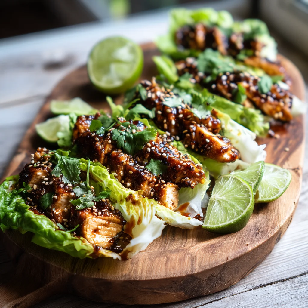 juicy Mexican turkey lettuce wraps with creamy avocado sauce in crisp romaine cups, topped with fresh cilantro