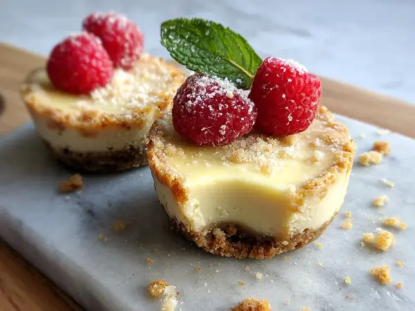 golden mini cheesecake cups with creamy filling and crumbly graham cracker crust, topped with fresh berries