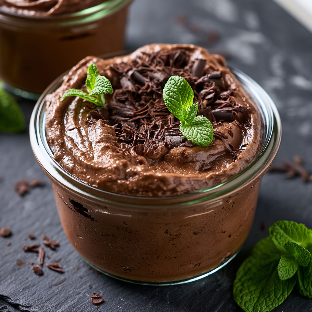 Close-up of the silky smooth texture of mint chocolate mousse topped with fresh mint and chocolate shavings