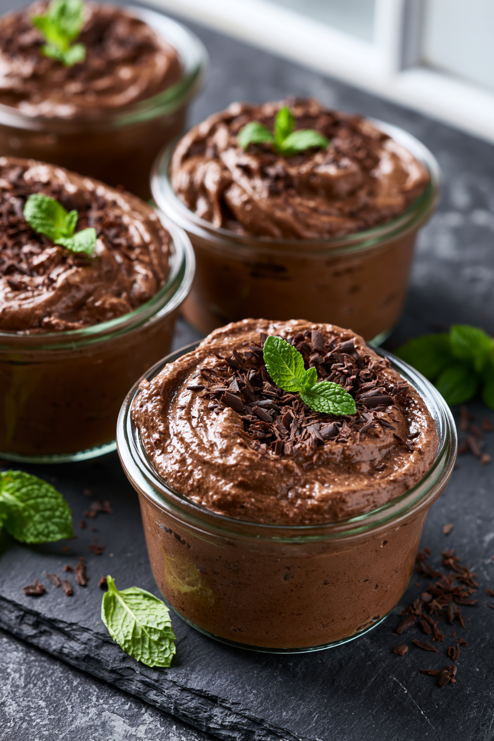 Mint chocolate mousse topped with fresh mint leaves and dark chocolate shavings, a high protein snack