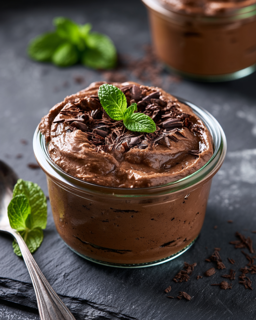 A single serving of mint chocolate mousse garnished with fresh mint leaves and dark chocolate shavings