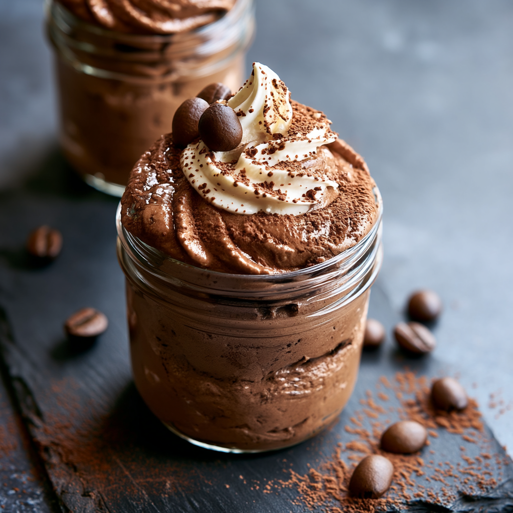 Close-up of the silky smooth texture of mocha coffee mousse topped with cocoa and coffee beans