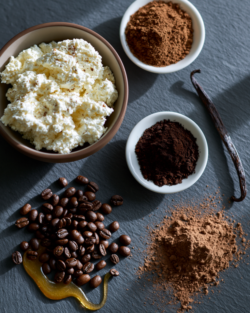 Flat lay of mocha coffee mousse ingredients: cottage cheese, espresso powder, cocoa, coffee beans, honey
