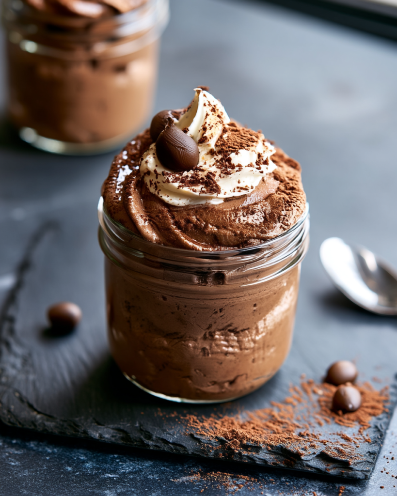 A single serving of mocha coffee mousse garnished with whipped cream, cocoa, and coffee beans