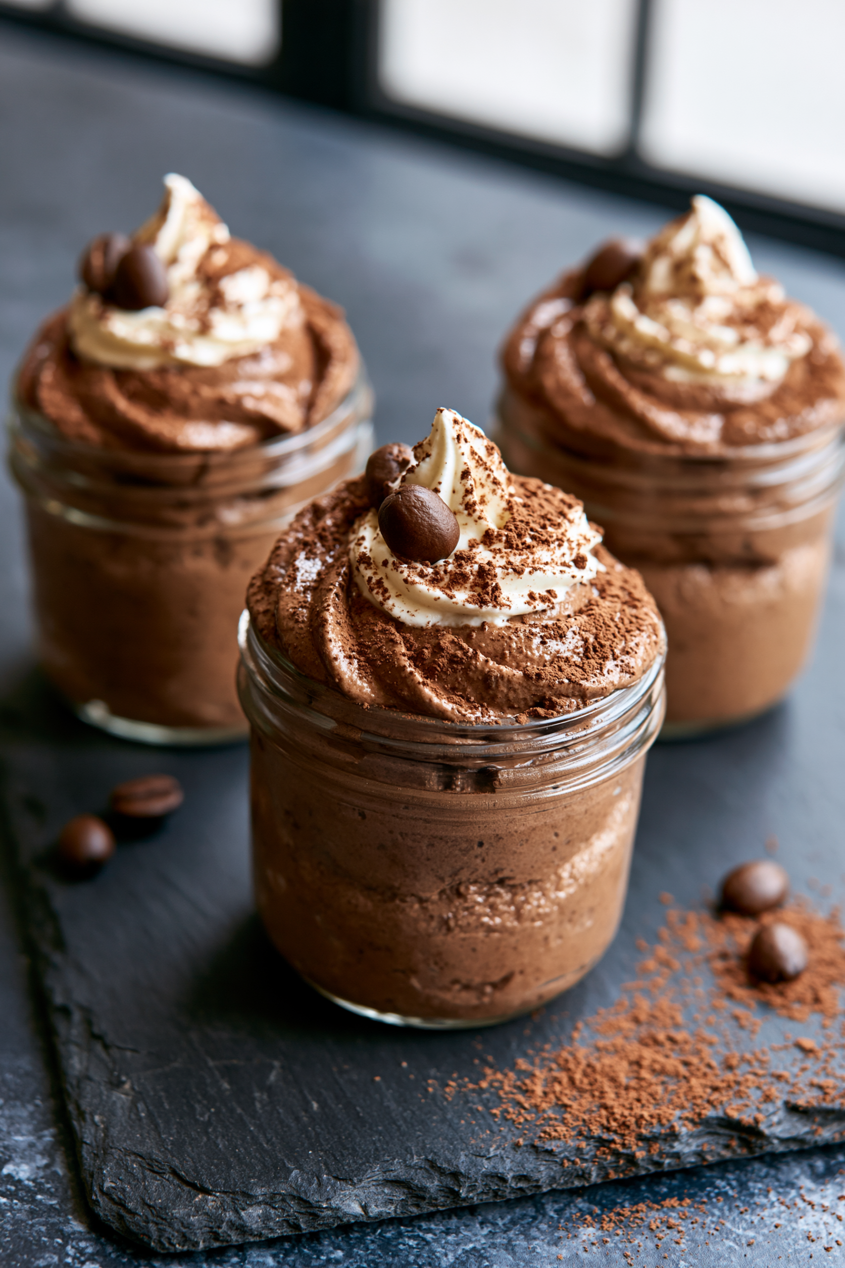 Mocha coffee mousse topped with whipped cream, cocoa, and coffee beans, a high protein snack