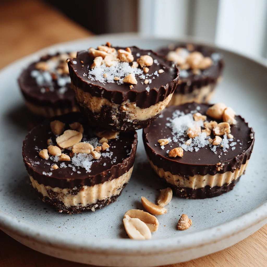close-up of creamy no-bake cottage cheese peanut butter cups with glossy chocolate coating and sprinkled sea salt