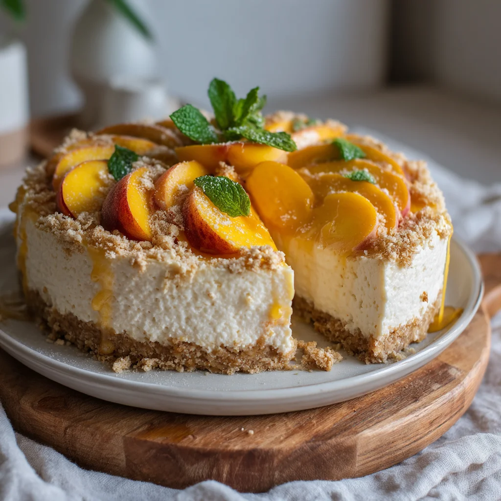 creamy no-bake peach protein cheesecake with fresh peach slices and crumbly graham cracker crust