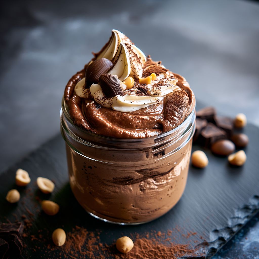 A single serving of peanut butter chocolate mousse garnished with peanut butter drizzle, peanuts, and chocolate shavings