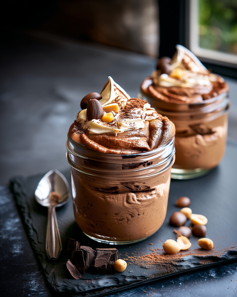 Close-up of the silky smooth texture of peanut butter chocolate mousse with peanut butter drizzle and chopped peanuts