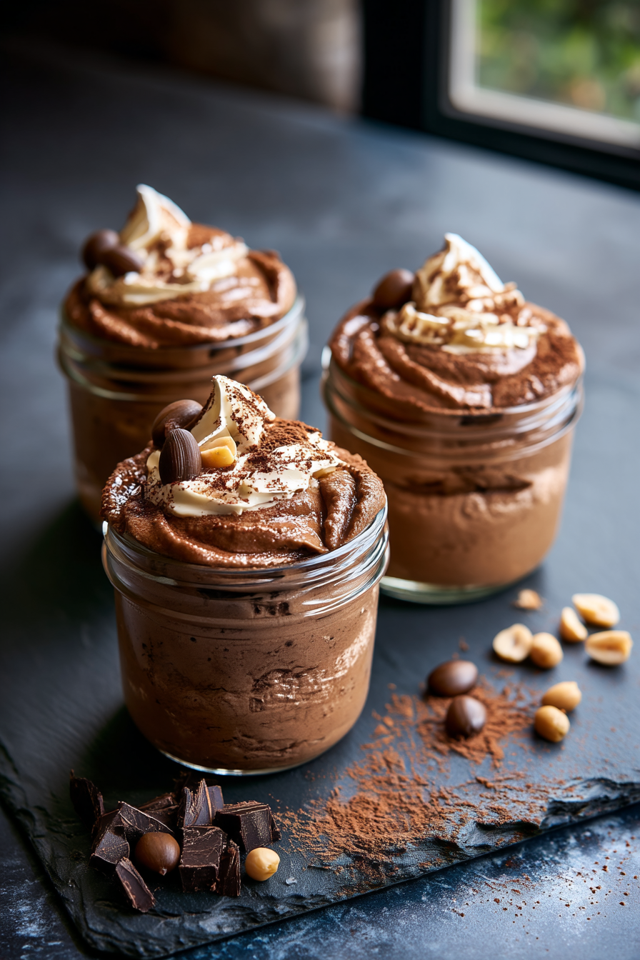 Peanut butter chocolate mousse topped with peanut butter drizzle, chopped peanuts, and chocolate shavings, a high protein snack