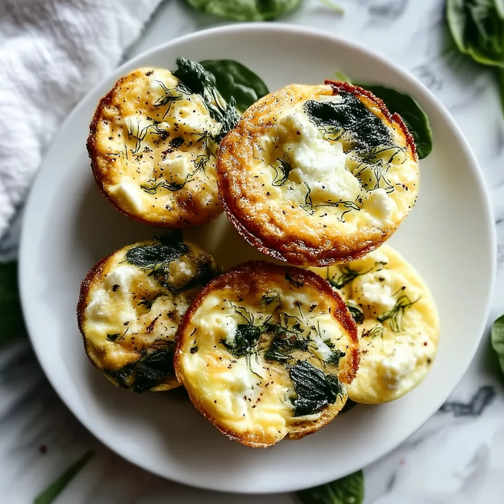 golden spinach feta egg bites with melty cheese and fresh herbs in a white ceramic dish