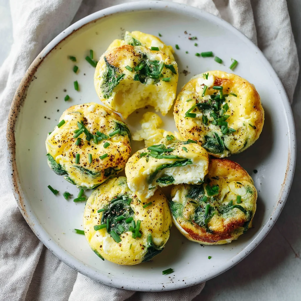 close-up of fluffy spinach feta egg bites baked in a white ceramic dish with golden edges and fresh herbs
