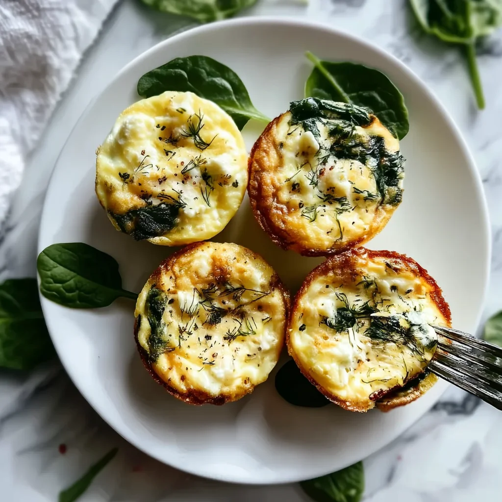 golden spinach feta egg bites baked in a ceramic dish with creamy melted feta and fresh spinach leaves