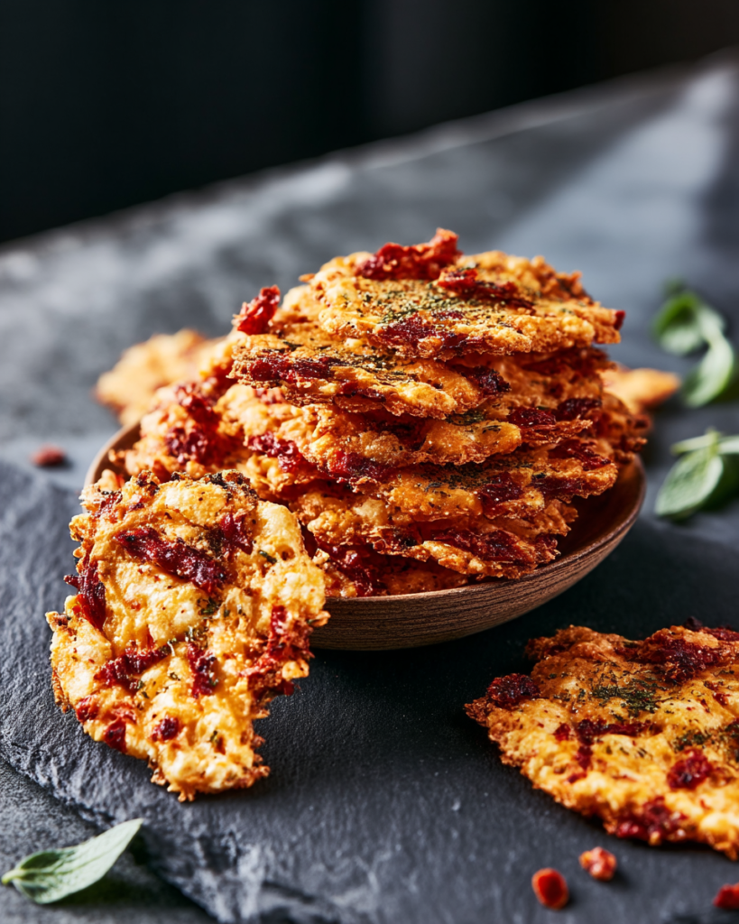 A small bowl of crispy sun-dried tomato cottage cheese chips with oregano