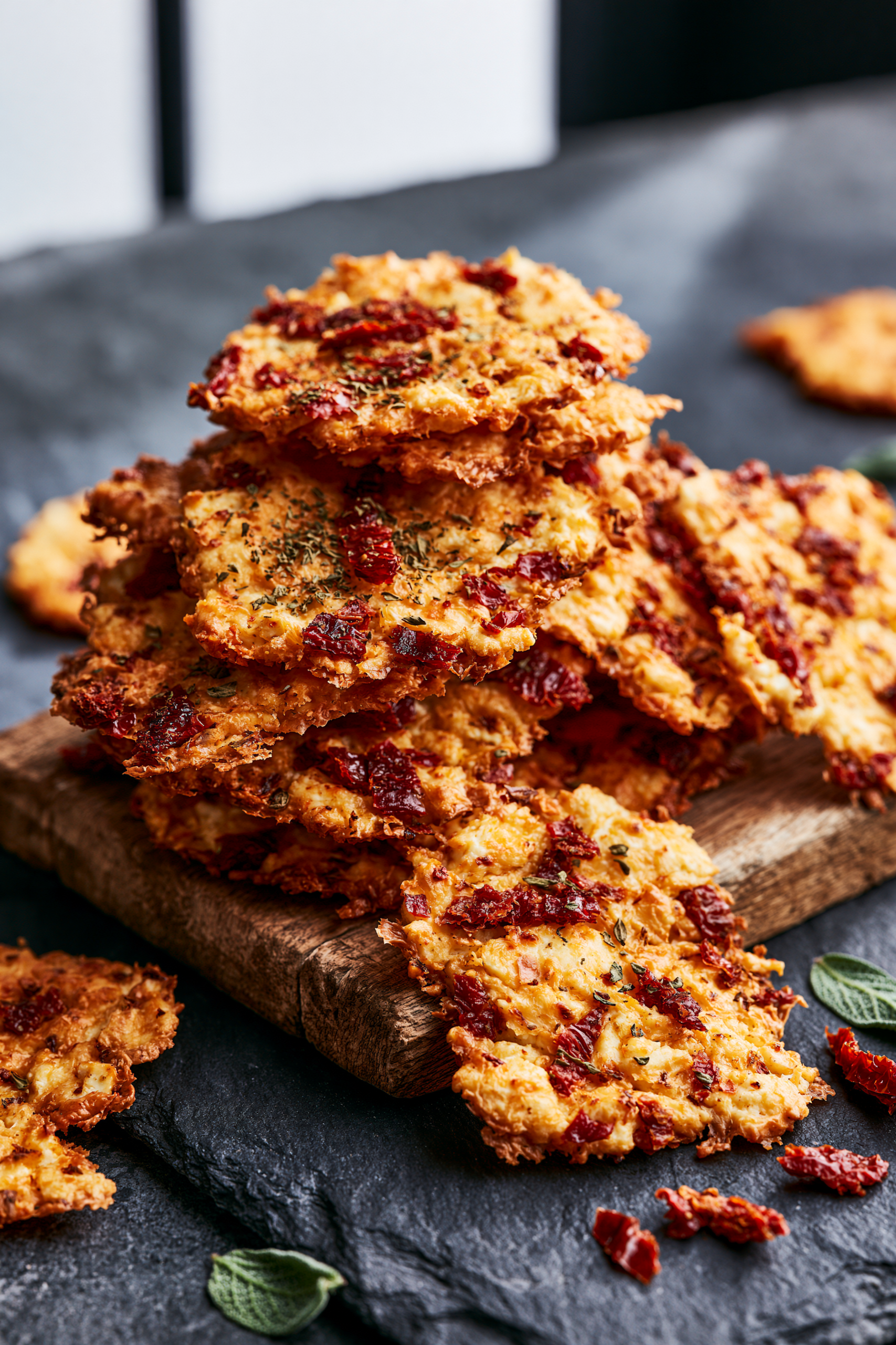Crispy sun-dried tomato cottage cheese chips flecked with oregano, a high protein snack