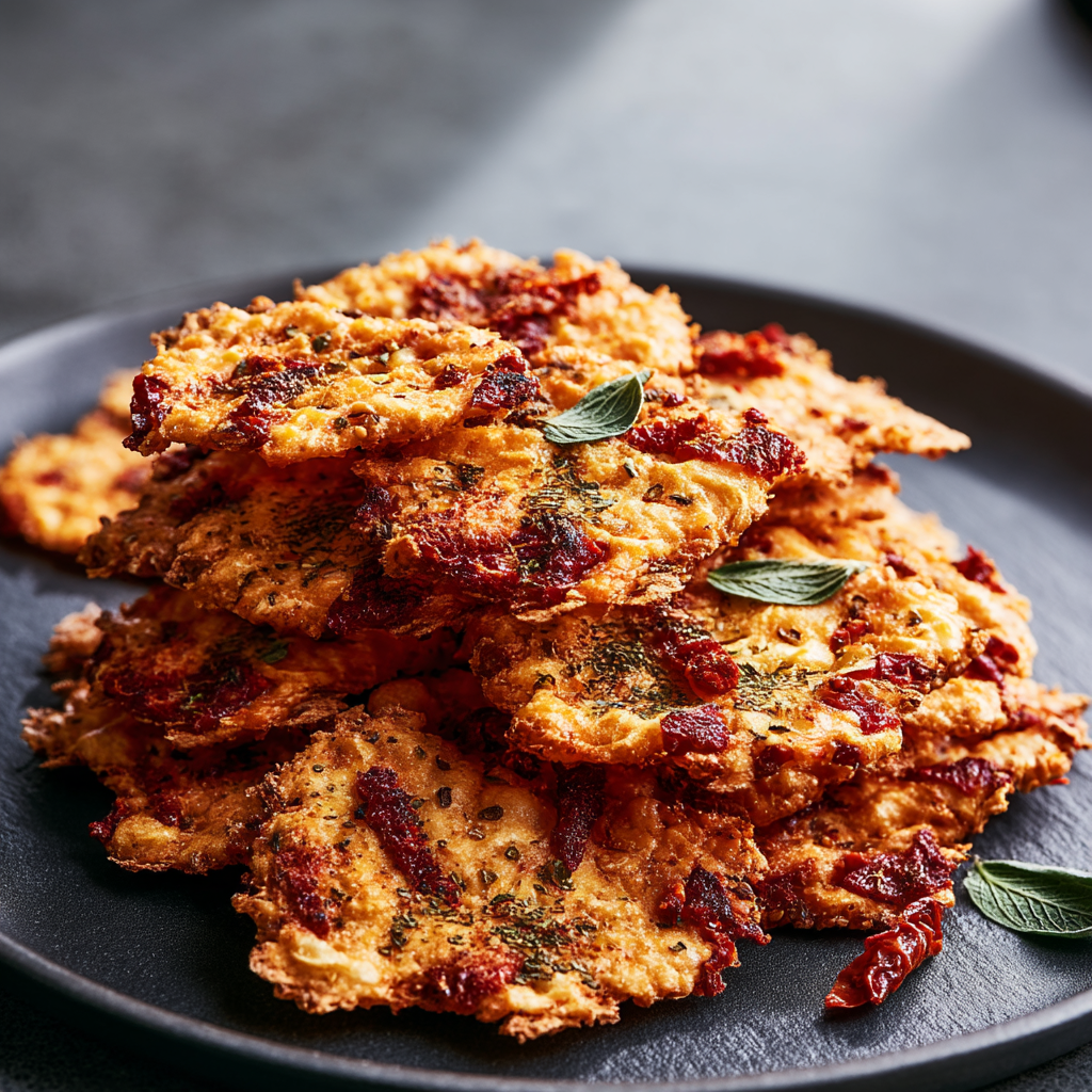 Close-up of the crisp, golden texture of sun-dried tomato cottage cheese chips with baked-in tomato flecks