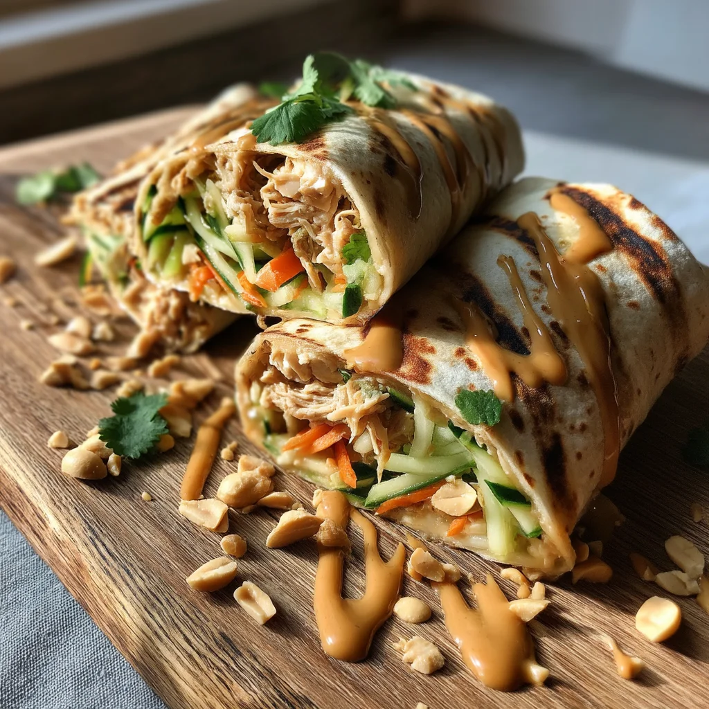 golden brown Thai peanut turkey wraps drizzled with glossy peanut sauce and fresh cilantro garnish