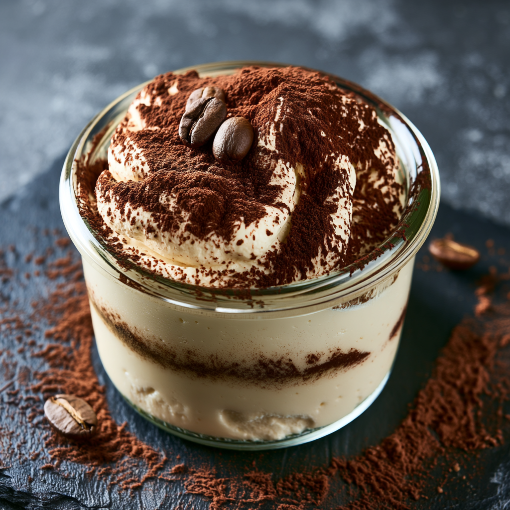 Close-up of the airy whipped texture of tiramisu mousse under a fine espresso-cocoa dusting