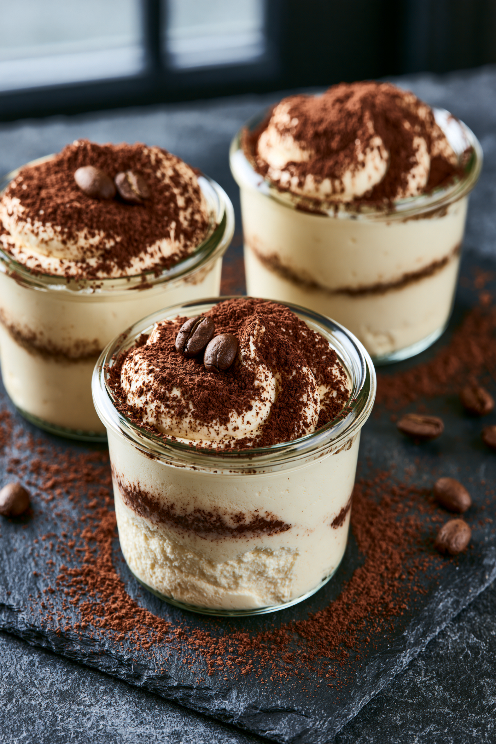Tiramisu mousse in glass jars with espresso-cocoa dusting and coffee beans, a high protein snack