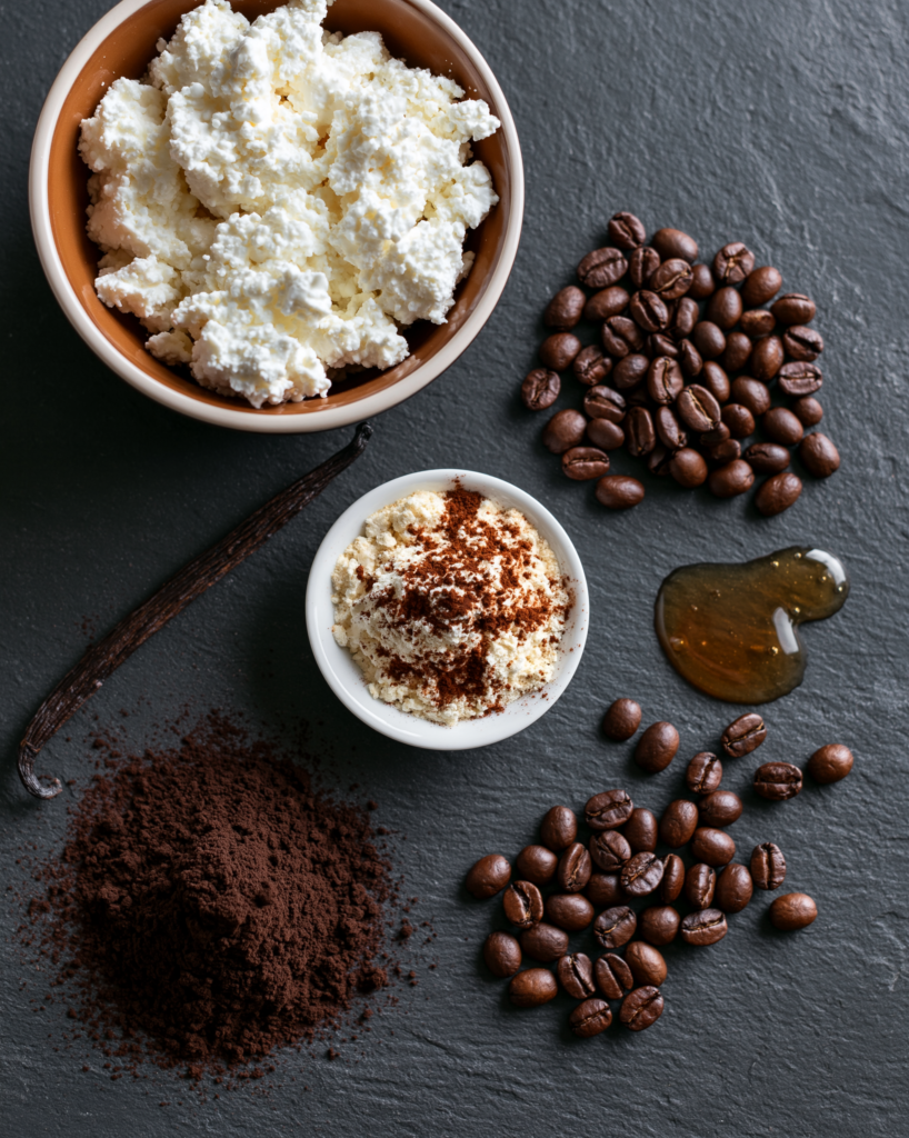 Flat lay of tiramisu mousse ingredients: cottage cheese, espresso powder, cocoa, coffee beans, honey, vanilla
