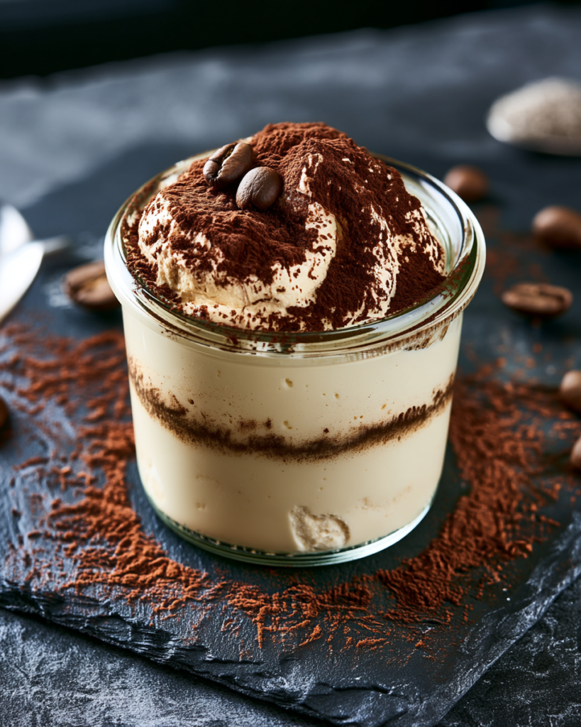 A single serving of tiramisu mousse with cocoa dusting and coffee beans