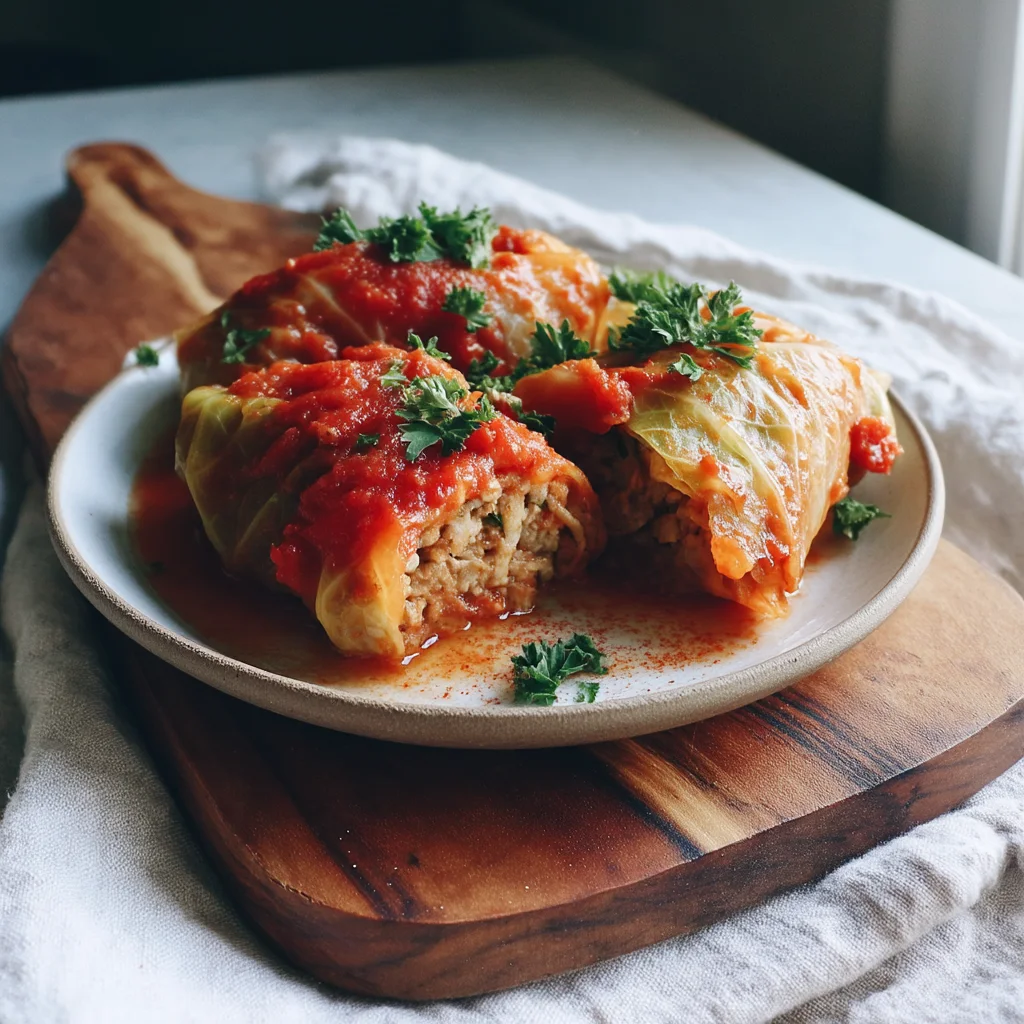 homemade cabbage rolls with rich tomato sauce in white ceramic dish, garnished with fresh dill