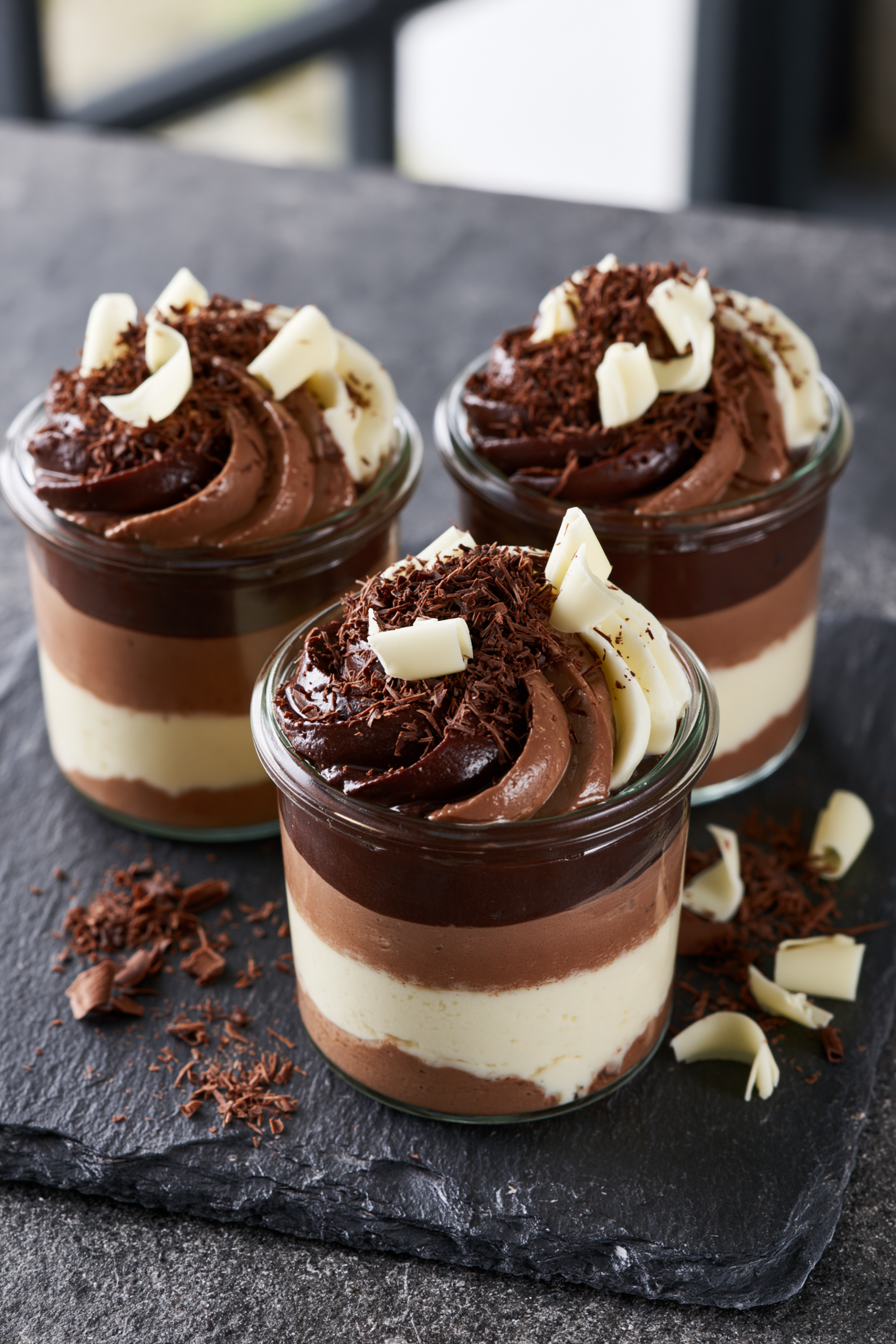 Layered triple chocolate mousse topped with dark chocolate shavings and white chocolate curls, a high protein snack