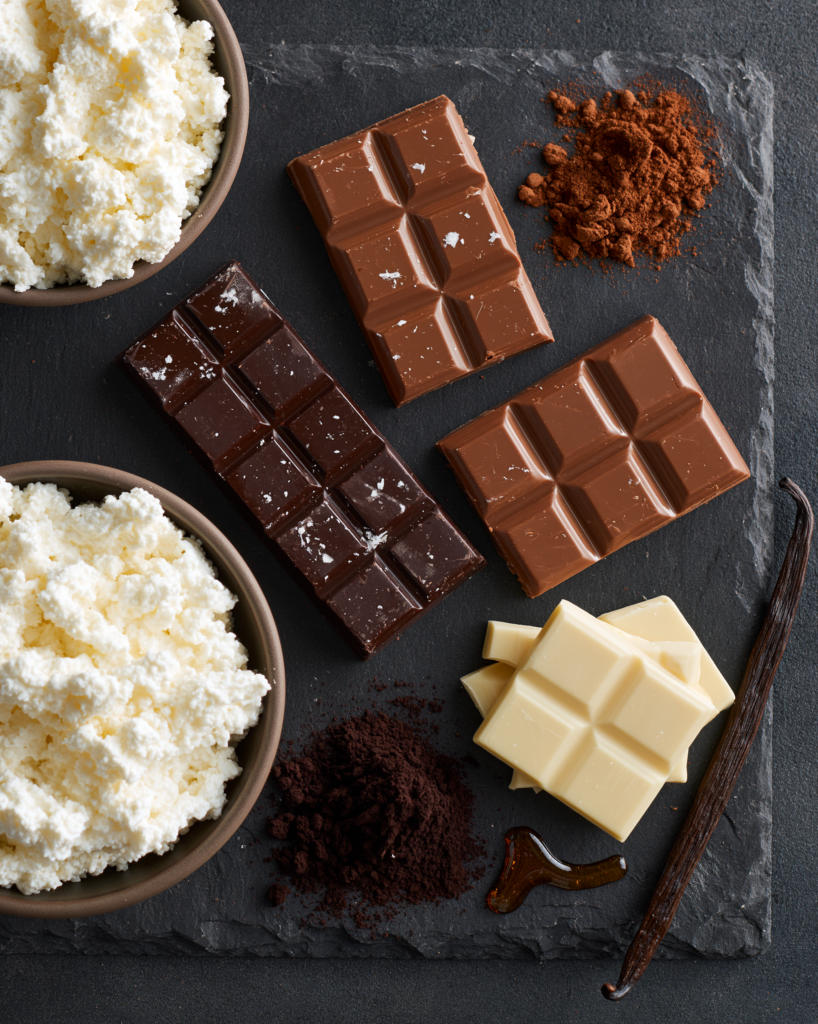 Flat lay of triple chocolate mousse ingredients: cottage cheese, dark, milk, and white chocolate, cocoa, honey