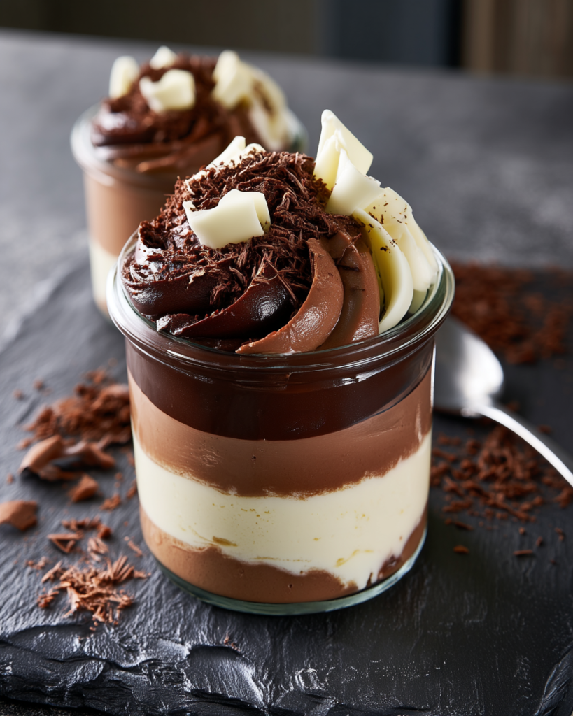 A single serving of layered triple chocolate mousse garnished with chocolate shavings and white chocolate curls