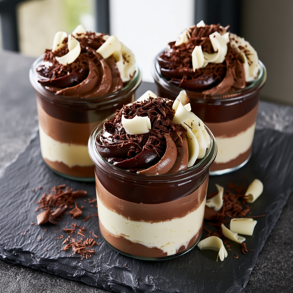 Close-up of the three layers of triple chocolate mousse topped with chocolate shavings and white chocolate curls