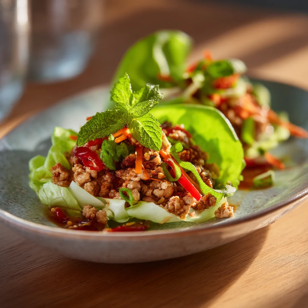 Asian turkey lettuce wraps with glossy sauce, fresh herbs, and vibrant colors, served in a white ceramic dish